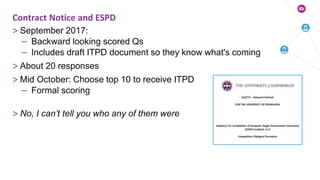 > September 2017:
– Backward looking scored Qs
– Includes draft ITPD document so they know what's coming
> About 20 responses
> Mid October: Choose top 10 to receive ITPD
– Formal scoring
> No, I can’t tell you who any of them were
Contract Notice and ESPD
 