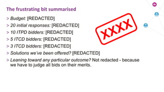 > Budget: [REDACTED]
> 20 initial responses: [REDACTED]
> 10 ITPD bidders: [REDACTED]
> 5 ITCD bidders: [REDACTED]
> 3 ITCD bidders: [REDACTED]
> Solutions we’ve been offered? [REDACTED]
> Leaning toward any particular outcome? Not redacted - because
we have to judge all bids on their merits.
The frustrating bit summarised
 