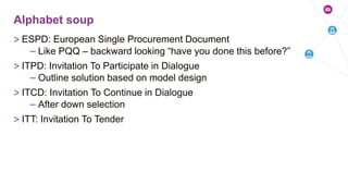 > ESPD: European Single Procurement Document
– Like PQQ – backward looking “have you done this before?”
> ITPD: Invitation To Participate in Dialogue
– Outline solution based on model design
> ITCD: Invitation To Continue in Dialogue
– After down selection
> ITT: Invitation To Tender
Alphabet soup
 