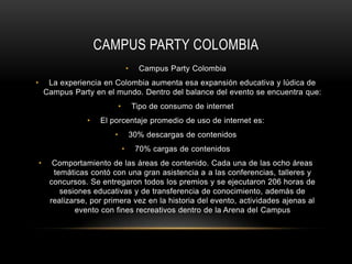 CAMPUS PARTY COLOMBIA
                                       •     Campus Party Colombia
•        La experiencia en Colombia aumenta esa expansión educativa y lúdica de
        Campus Party en el mundo. Dentro del balance del evento se encuentra que:
                               •           Tipo de consumo de internet
                   •   El porcentaje promedio de uso de internet es:
                           •               30% descargas de contenidos
                                   •        70% cargas de contenidos
    •     Comportamiento de las áreas de contenido. Cada una de las ocho áreas
          temáticas contó con una gran asistencia a a las conferencias, talleres y
         concursos. Se entregaron todos los premios y se ejecutaron 206 horas de
            sesiones educativas y de transferencia de conocimiento, además de
         realizarse, por primera vez en la historia del evento, actividades ajenas al
                evento con fines recreativos dentro de la Arena del Campus
 