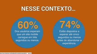 made with keynote by andrew haskin
NESSE CONTEXTO…
http://www.slideshare.net/HubSpot/50-mobilefactsdeck62812 - slide 36
Dos usuários esperam
que um site mobile
carregue em três
segundos ou menos.
60% Estão dispostos a
esperar até cinco
segundos ou menos
antes de abandonar a
experiência.
74%
 