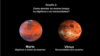 Marte  
Objetivos e metas da empresa
Vênus 
Necessidades dos usuários
Desafio 2: 
 
Como atender ao mesmo tempo  
os objetivos e as necessidades?
 