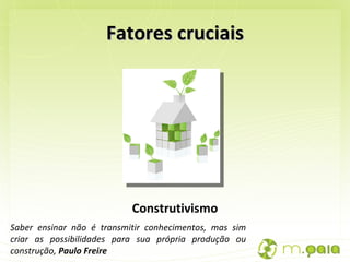 Fatores cruciais Construtivismo Saber ensinar não é transmitir conhecimentos, mas sim criar as possibilidades para sua própria produção ou construção,  Paulo Freire 