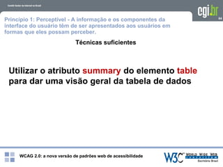 WCAG 2.0: a nova versão de padrões web de acessibilidade
64
Técnicas suficientes
Utilizar o atributo summary do elemento table
para dar uma visão geral da tabela de dados
Princípio 1: Perceptível - A informação e os componentes da
interface do usuário têm de ser apresentados aos usuários em
formas que eles possam perceber.
 