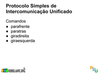 Protocolo Simples de
Intercomunicação Unificado
Comandos
● parafrente
● paratras
● giradireita
● giraesquerda
 