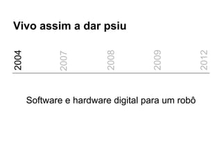 Vivo assim a dar psiu
2004




                          2008




                                     2009




                                                  2012
              2007


       Software e hardware digital para um robô
 