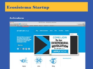 Ecosistema Startup
Aceleradoras
http://www.startupchile.org/
 