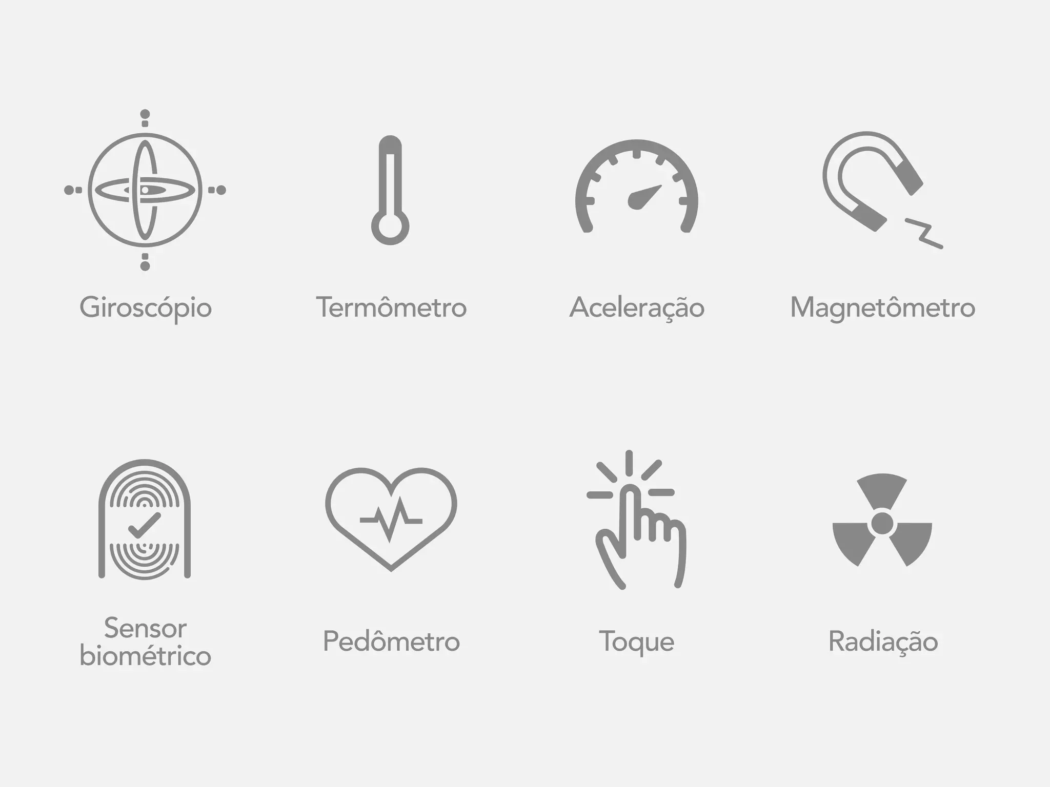 Giroscópio
Sensor
biométrico
Pedômetro
Termômetro Aceleração Magnetômetro
Toque Radiação
 