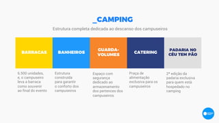 _CAMPING
6.500 unidades,
e, o campuseiro
leva a barraca
como souvenir
ao final do evento
Praça de
alimentação
exclusiva para os
campuseiros
BARRACAS BANHEIROS CATERING
Espaço com
segurança
dedicado ao
armazenamento
dos pertences dos
campuseiros
GUARDA-
VOLUMES
Estrutura completa dedicada ao descanso dos campuseiros
Estrutura
construída
para garantir
o conforto dos
campuseiros
PADARIA NO
CÉU TEM PÃO
2ª edição da
padaria exclusiva
para quem está
hospedado no
camping
 