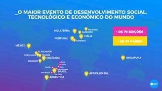 _O MAIOR EVENTO DE DESENVOLVIMENTO SOCIAL,
TECNOLÓGICO E ECONÔMICO DO MUNDO
+ DE 20 PAÍSES
+ DE 70 EDIÇÕES
São Paulo
BahiaBrasília
Belo Horizonte
Natal
Recife
Pato Branco
 