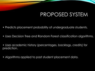 PROPOSED SYSTEM
• Predicts placement probability of undergraduate students.
• Uses Decision Tree and Random Forest classification algorithms.
• Uses academic history (percentages, backlogs, credits) for
prediction.
• Algorithms applied to past student placement data.
 