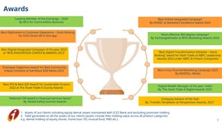 7
Awards
1. Assets of our clients including equity demat assets maintained with ICICI Bank and excluding promoter holding
2. Yield generated on all the assets of our clients (assets include their holding value across all product categories
e.g. demat holding of equity shares, home loan, FD, mutual fund, PMS etc.)
‘Leading Member of the Exchange – 2024’
By MCX for Commodities Business
Best Digitization in Customer Experience – Stock Broking
for ICICI Direct All in One app
‘National CSR Award in Financial Services Sector’
By ‘Global Safety Summit Awards’
‘Digital Wealth Manager of the year- India’
By ‘The Asset Triple A Digital Awards 2022
‘Best IPO & Best QIP Award’ for Sustainable Finance
2022 at The Asset Triple A County Awards
‘Best Online Integrated Campaign’
By ‘AFAQS’ at Marketers Excellence Award 2024
Best Cross Channel Marketing Campaign 2023
By INKSPELL Media
‘Most effective 360 degree campaign’
By ‘Exchange4media’ at BFSI Marketing Awards 2024
‘Employee Happiness Award’ for Best Community
Impact Initiative at KamiKaze B2B Media 2023
Company Advisor of the Year
By ‘ Franklin Templeton at Perspectives Awards, 2021’
Best Digital Integrated Campaign of the year 2023
at “BFSI INNOVATION CONFEX & AWARDS 2023” “Best Digital Transformation Initiative – Stock
Broking” award for Flash Trade at NBFC Leadership
Awards 2023 under NBFC & Fintech Companies
 