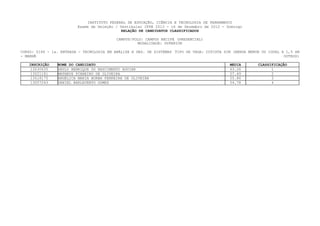 INSTITUTO FEDERAL DE EDUCAÇÃO, CIÊNCIA E TECNOLOGIA DE PERNAMBUCO
                         Exame de Seleção / Vestibular IFPE 2013 - 16 de Dezembro de 2012 - Domingo
                                             RELAÇÃO DE CANDIDATOS CLASSIFICADOS

                                           CAMPUS/POLO: CAMPUS RECIFE (PRESENCIAL)
                                                     MODALIDADE: SUPERIOR

CURSO: 0146 - 1a. ENTRADA - TECNOLOGIA EM ANÁLISE E DES. DE SISTEMAS TIPO DE VAGA: COTISTA SIM (RENDA MENOR OU IGUAL A 1,5 SM
- MANHÃ                                                                                                               OUTROS)

   INSCRIÇÃO    NOME DO CANDIDATO                                                            MEDIA        CLASSIFICAÇÃO
    13030635    SAULO HENRIQUE DO NASCIMENTO AGUIAR                                          63.26              1
    13021181    MATHEUS PINHEIRO DE OLIVEIRA                                                 57.49              2
    13018175    ANGÉLICA MARIA BORBA FERREIRA DE OLIVEIRA                                    55.86              3
    13057243    DANIEL BARLAVENTO GOMES                                                      54.78              4
 
