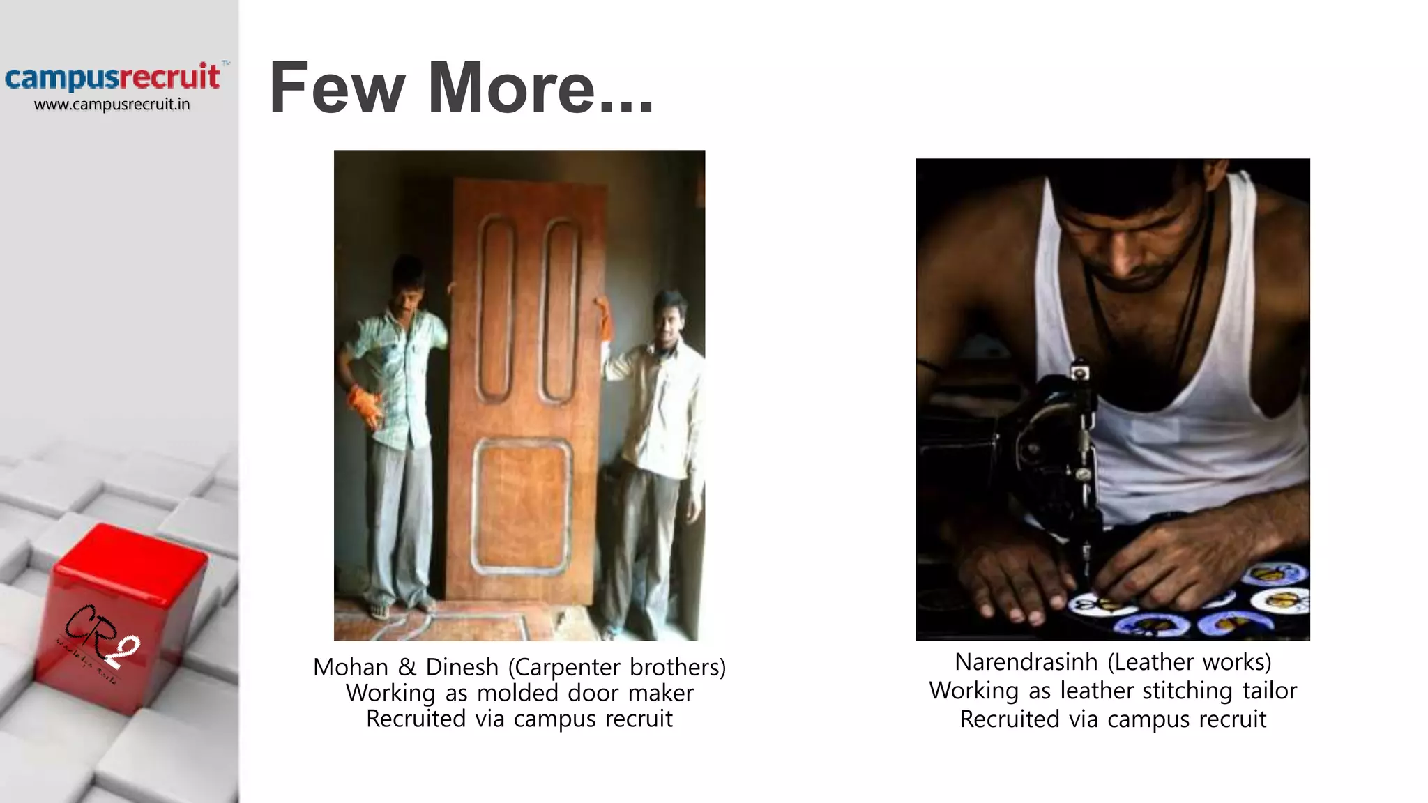 Few More...
Mohan & Dinesh (Carpenter brothers)
Working as molded door maker
Recruited via campus recruit
Narendrasinh (Leather works)
Working as leather stitching tailor
Recruited via campus recruit
www.campusrecruit.in
 