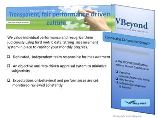 We value individual performance and recognize them
judiciously using hard metric data. Strong measurement
system in place to monitor your monthly progress.
 Dedicated, independent team responsible for measurement.
 An objective and data driven Appraisal system to minimize
subjectivity
 Expectations on behavioral and performances are set
monitored reviewed constantly

© Copyright Vision Beyond

 