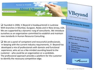  Founded in 2006, V-Beyond is headquartered in Lucknow
With branches in Mumbai, Gurgaon, Noida and in New Jersey, USA.
We are supported by a dynamic rung of consultants. We introduce
ourselves as an organization committed to establish and maintain
new standards in Human Resource Consulting.
 We are a panel of competent and resourceful professionals.
In keeping with the current industry requirements, V- Beyond has
developed a mix of professionals with domain and functional
experience, who act as a like-minded sounding board to the
customer - who could be an organization or a candidate.
The professional approach provides a platform for the customer
to identify the necessary competitive edge.

© Copyright Vision Beyond

 