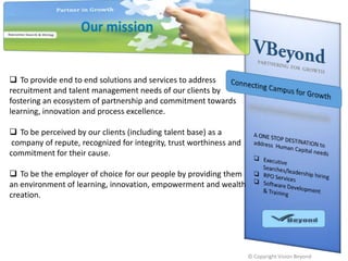  To provide end to end solutions and services to address
recruitment and talent management needs of our clients by
fostering an ecosystem of partnership and commitment towards
learning, innovation and process excellence.
 To be perceived by our clients (including talent base) as a
company of repute, recognized for integrity, trust worthiness and
commitment for their cause.
 To be the employer of choice for our people by providing them
an environment of learning, innovation, empowerment and wealth
creation.

© Copyright Vision Beyond

 