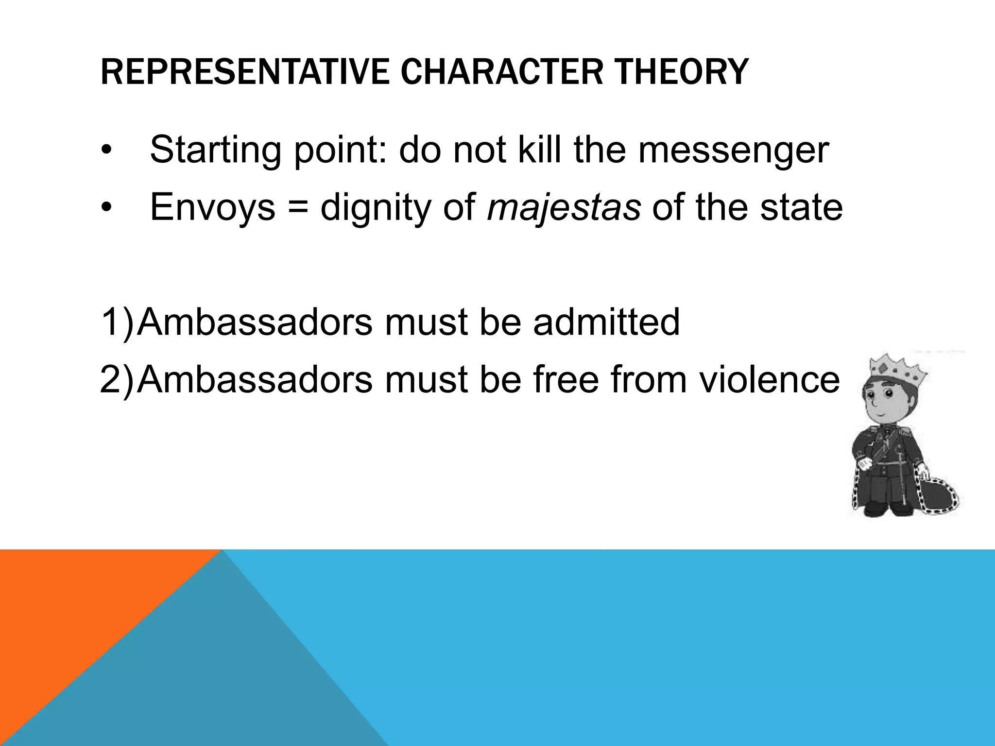 REPRESENTATIVE CHARACTER THEORY 
• Starting point: do not kill the messenger 
• Envoys = dignity of majestas of the state 
1)Ambassadors must be admitted 
2)Ambassadors must be free from violence 
 