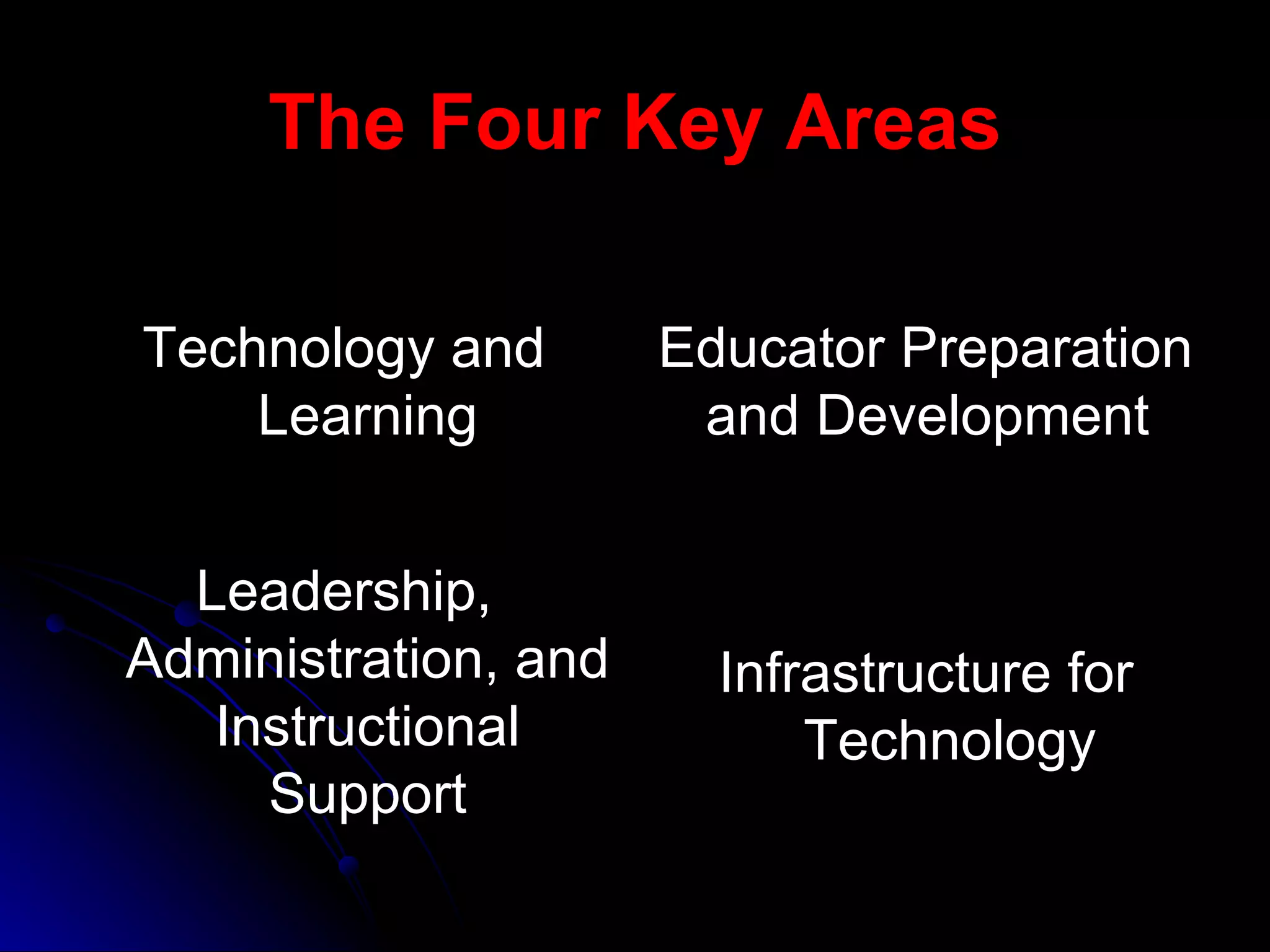 The Four Key Areas Technology and Learning Educator Preparation and Development Leadership, Administration, and Instructional Support Infrastructure for Technology 