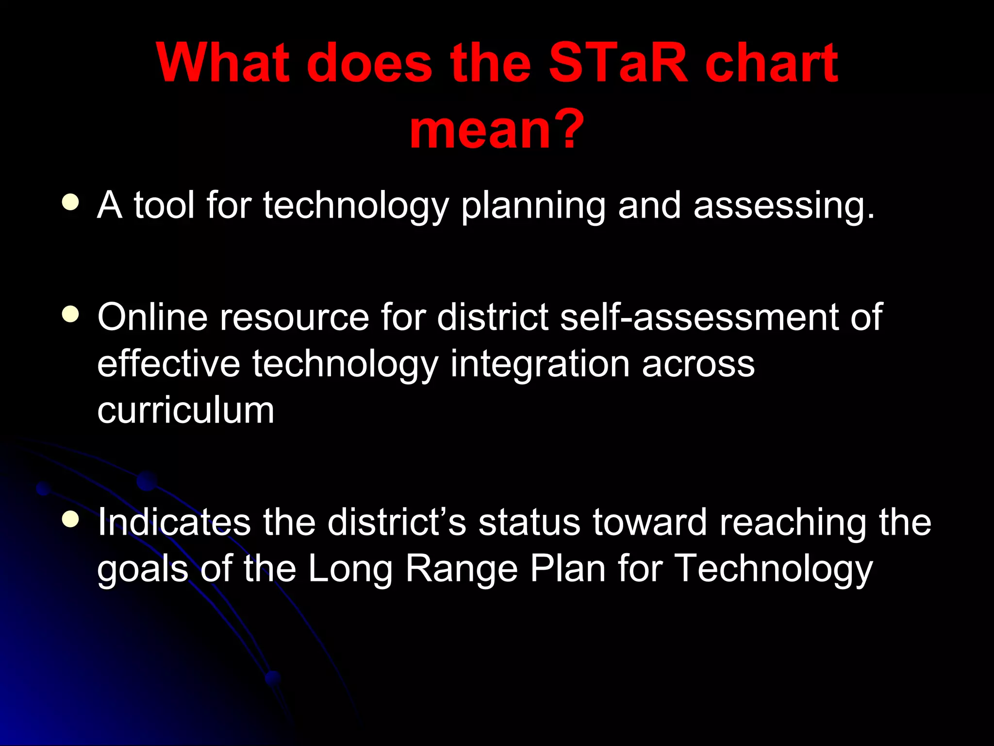 What does the STaR chart mean? A tool for technology planning and assessing.  Online resource for district self-assessment of effective technology integration across curriculum Indicates the district’s status toward reaching the goals of the Long Range Plan for Technology 