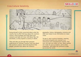 Going abroad? A little concerned about what the
country has to offer? Nervous about the country's
culture, kind of people and food? Allay your
concerns and take an E-tour with Runa, Raj, Sid
and Alisha, as they explore a country in detail.
They will take you through their personal
experiences of visiting a country, brief you about
the country's culture, share the psyche of the
people, provide facts about the country's
geography, history, demography, economy and
offer you ready-to-use information on major
cities.
To top it, each country's business, meeting
and social etiquette are covered in an
interactive and comprehensive manner. This
tour will take you under an hour. Many nations
are ready for you to explore, and as time
progresses, SKILLDOM will continue to take
you across the world.
Cross-Cultural Sensitivity Your Quest for Learning ends here
www.skilldom.co.in
15
 