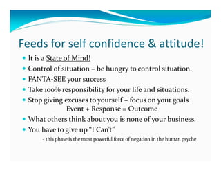 Feeds for self confidence & attitude!
 Complete the tasks that you have taken up – never give
 up in between.
 Become an I...