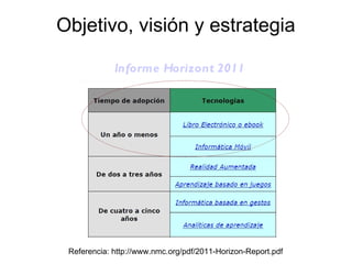 Informe  Horizont  2011 Referencia: http://www.nmc.org/pdf/2011-Horizon-Report.pdf Objetivo, visión y estrategia 