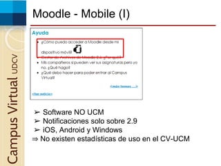 Moodle - Mobile (I)CampusVirtualUDCV
➢ Software NO UCM
➢ Notificaciones solo sobre 2.9
➢ iOS, Android y Windows
⇒ No existen estadísticas de uso en el CV-UCM
 