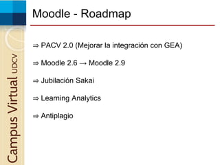 Moodle - RoadmapCampusVirtualUDCV
⇒ PACV 2.0 (Mejorar la integración con GEA)
⇒ Moodle 2.6 → Moodle 2.9
⇒ Jubilación Sakai
⇒ Learning Analytics
⇒ Antiplagio
 