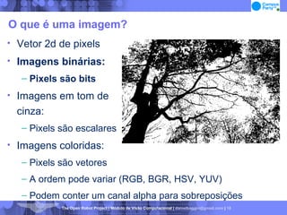 O que é uma imagem? Vetor 2d de pixels Imagens binárias: Pixels são bits Imagens em tom de  cinza: Pixels são escalares Imagens coloridas: Pixels são vetores A ordem pode variar (RGB, BGR, HSV, YUV)‏ Podem conter um canal alpha para sobreposições 