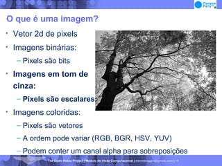 O que é uma imagem? Vetor 2d de pixels Imagens binárias: Pixels são bits Imagens em tom de  cinza: Pixels são escalares Imagens coloridas: Pixels são vetores A ordem pode variar (RGB, BGR, HSV, YUV)‏ Podem conter um canal alpha para sobreposições 