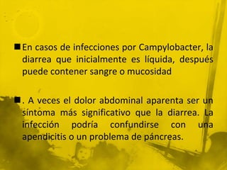 En casos de infecciones por Campylobacter, la diarrea que inicialmente es líquida, después puede contener sangre o mucosidad. A veces el dolor abdominal aparenta ser un síntoma más significativo que la diarrea. La infección podría confundirse con una apendicitis o un problema de páncreas.
