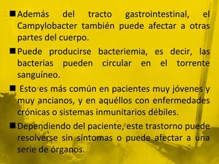 Además del tracto gastrointestinal, el Campylobacter también puede afectar a otras partes del cuerpo. Puede producirse bacteriemia, es decir, las bacterias pueden circular en el torrente sanguíneo. Esto es más común en pacientes muy jóvenes y muy ancianos, y en aquéllos con enfermedades crónicas o sistemas inmunitarios débiles. Dependiendo del paciente, este trastorno puede resolverse sin síntomas o puede afectar a una serie de órganos.