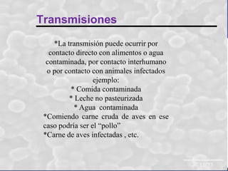 Transmisiones
*La transmisión puede ocurrir por
contacto directo con alimentos o agua
contaminada, por contacto interhumano
o por contacto con animales infectados
ejemplo:
* Comida contaminada
* Leche no pasteurizada
* Agua contaminada
*Comiendo carne cruda de aves en ese
caso podría ser el “pollo”
*Carne de aves infectadas , etc.

 