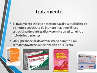 Tratamiento
• El tratamiento triple con metronidazol y subsalicilato de
bismuto o subcitrato de bismuto más amoxilina o
tetraciclina durante 14 días y permite erradicar el 70 a
95% de los pacientes
• Un supresor de ácido administrado durante 4 a 6
semanas favorece la cicatrización de la úlcera.
 