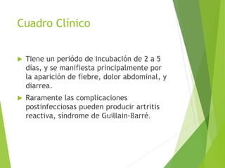 Cuadro Clínico
 Tiene un periódo de incubación de 2 a 5
días, y se manifiesta principalmente por
la aparición de fiebre, dolor abdominal, y
diarrea.
 Raramente las complicaciones
postinfecciosas pueden producir artritis
reactiva, síndrome de Guillain-Barré.
 