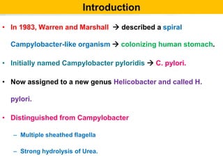Introduction
• In 1983, Warren and Marshall  described a spiral
Campylobacter-like organism  colonizing human stomach.
• Initially named Campylobacter pyloridis  C. pylori.
• Now assigned to a new genus Helicobacter and called H.
pylori.
• Distinguished from Campylobacter
– Multiple sheathed flagella
– Strong hydrolysis of Urea.
 