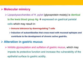  Molecular mimicry
 Lipopolysaccharides of H. pylori (glycoprotein moiety) is identical
to the lewis blood group Ag  expressed on gastrical parietal
cells which may result in:
 Immune tolerance by downregulating T cells
 Induction of autoantibodies that cross-react with mucosal epitopes and
contribute to the development of chronic active gastritis.
 Alteration in gastric mucus
 Inhibits glycosylation and sulfation of gastric mucus, which may
impede its protective function and increase the vulnerability of the
epithelial surface to gastric acidity.
 