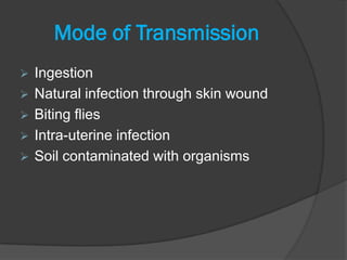 Mode of Transmission
   Ingestion
   Natural infection through skin wound
   Biting flies
   Intra-uterine infection
   Soil contaminated with organisms
 