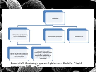 tratamiento 
antimicrobiano (eritromicina, 
tetraciclina, quinolinas) 
cuando las bacterias invaden las 
células de la mucosa intestinal y 
dañan los tejidos 
reposición de electrolitos la rehidratación 
cuando una persona es 
portadora de Campylobacter en 
su organismo y sigue 
diseminando las bacterias sin 
padecer los síntomas de la 
enfermedad 
Romero Raúl. Microbiología y parasitología humana. 3ª edición. Editorial 
panamericana. 2007 . pag.831 
 
