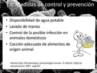 Medidas de control y prevención 
• Disponibilidad de agua potable 
• Lavado de manos 
• Control de la posible infección en 
animales domésticos 
• Cocción adecuada de alimentos de 
origen animal 
Romero Raúl. Microbiología y parasitología humana. 3ª edición. Editorial 
panamericana. 2007 . pag.831 
