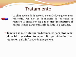 Tratamiento
      La eliminación de la bacteria no es fácil, ya que es muy
      resistente. Por ello, en la mayoría de los casos se
      requiere la utilización de dos o más antibióticos al
      mismo tiempo para combatirla durante 1 o 2 semanas.


 También se suele utilizar medicamentos para bloquear
 el ácido gástrico (omeprazol), permitiendo una
 reducción de la inflamación que genera.
 