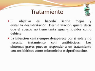Tratamiento
 El    objetivo    es   hacerlo    sentir    mejor    y
  evitar la deshidratación. Deshidratación quiere decir
  que el cuerpo no tiene tanta agua y líquidos como
  debiera.
 La infección casi siempre desaparece por sí sola y no
  necesita    tratamiento    con     antibióticos.   Los
  síntomas graves pueden responder a un tratamiento
  con antibióticos como acitromicina o ciprofloxacino.
 