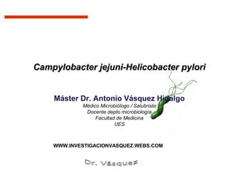 Campylobacter jejuni-Helicobacter pylori


    Máster Dr. Antonio Vásquez Hidalgo
            Médico Microbiólogo / Salubrista
             Docente depto microbiología
                 Facultad de Medicina
                         UES



    WWW.INVESTIGACIONVASQUEZ.WEBS.COM
 