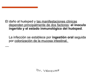 El daño al huésped y las manifestaciones clínicas
   dependen principalmente de dos factores: el inoculo
   ingerido y el estado inmunológico del huésped.

  La infección se establece por ingestión oral seguida
  por colonización de la mucosa intestinal.
 