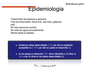 Helicobacter pylori

                  Epidemiologia
Transmisión de persona a persona
Vías de transmisión: fecal oral, oral oral y gástrica
oral.
No hay reservorio animal.
Se aísla de agua principalmente.
Afecta todas la edades
 