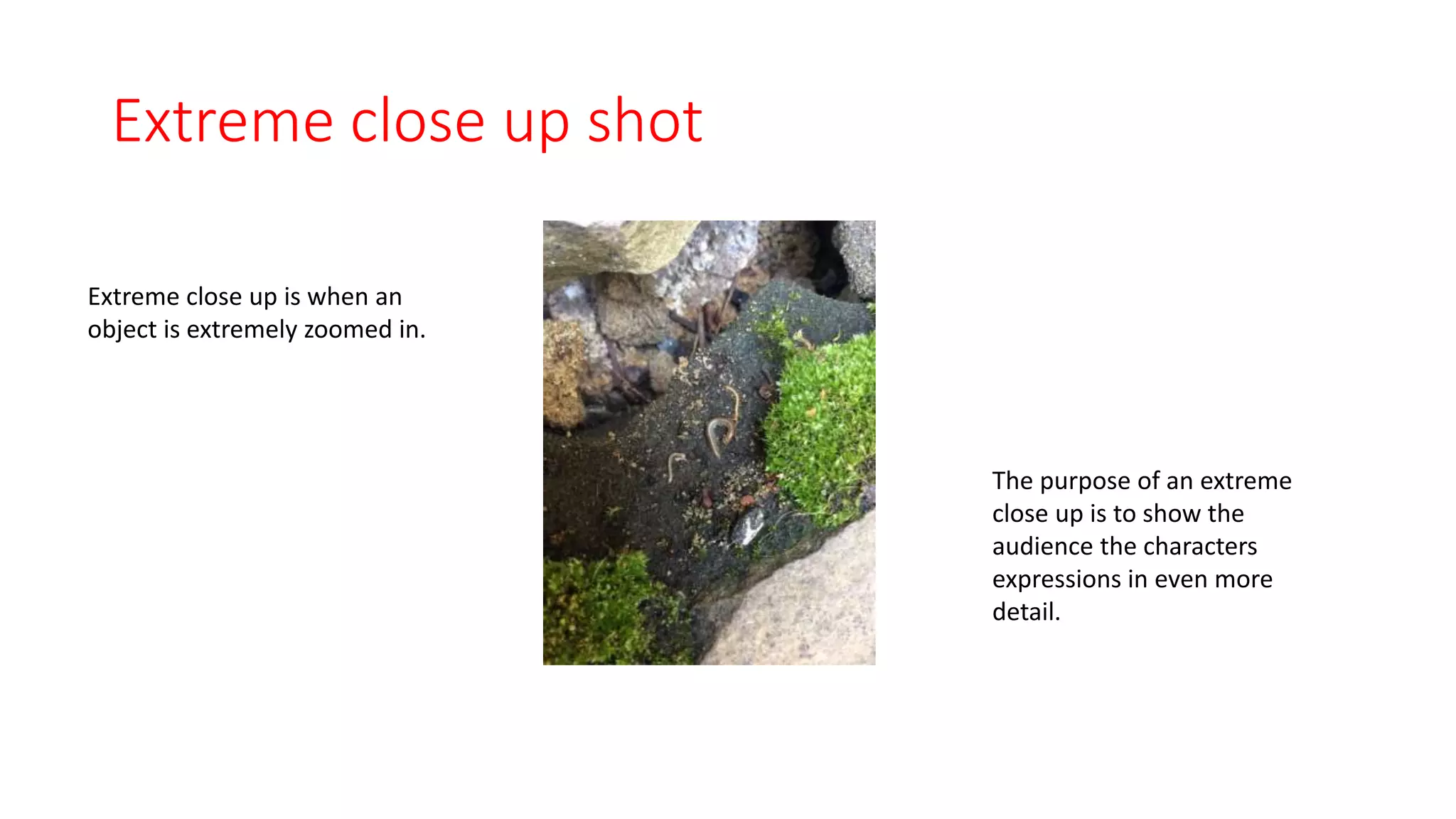 Extreme close up shot 
Extreme close up is when an 
object is extremely zoomed in. 
The purpose of an extreme 
close up is to show the 
audience the characters 
expressions in even more 
detail. 
 