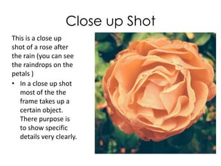 Close up Shot
This is a close up
shot of a rose after
the rain (you can see
the raindrops on the
petals )
• In a close up shot
most of the the
frame takes up a
certain object.
There purpose is
to show specific
details very clearly.

 