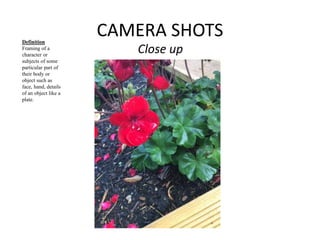CAMERA SHOTS 
Close up 
Definition 
Framing of a 
character or 
subjects of some 
particular part of 
their body or 
object such as 
face, hand, details 
of an object like a 
plate. 
 