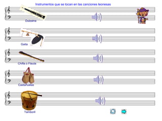 Instrumentos que se tocan en las canciones leonesas
Dulzaina
Gaita
Chifla o Flauta
Tamboril
Castañuelas
 